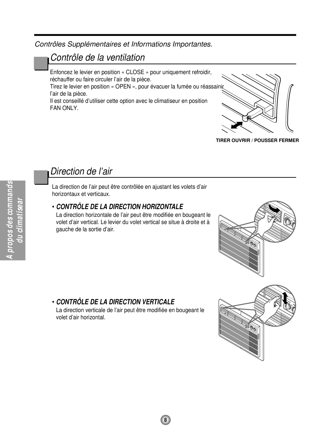 Friedrich UE10, UE12, UE08 manual Contrôle de la ventilation, Direction de l’air, Contrôle DE LA Direction Horizontale 