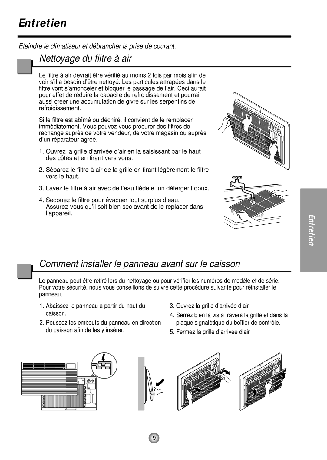 Friedrich UE08, UE12, UE10 Entretien, Nettoyage du filtre à air, Comment installer le panneau avant sur le caisson, Caisson 