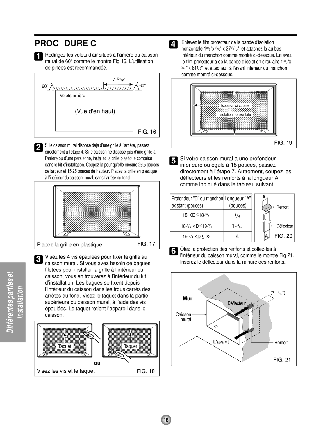 Friedrich UE12, UE10, UE08 manual Procé Dure C, Vue den haut, Existant pouces Pouces 