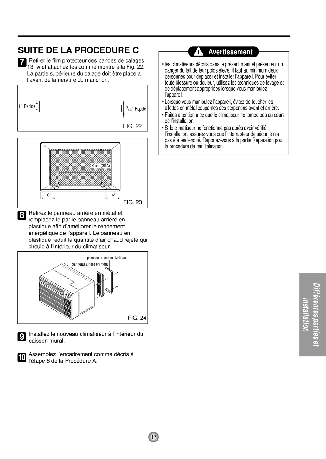 Friedrich UE10, UE12, UE08 manual Suite DE LA Procedure C, Caisson mural 