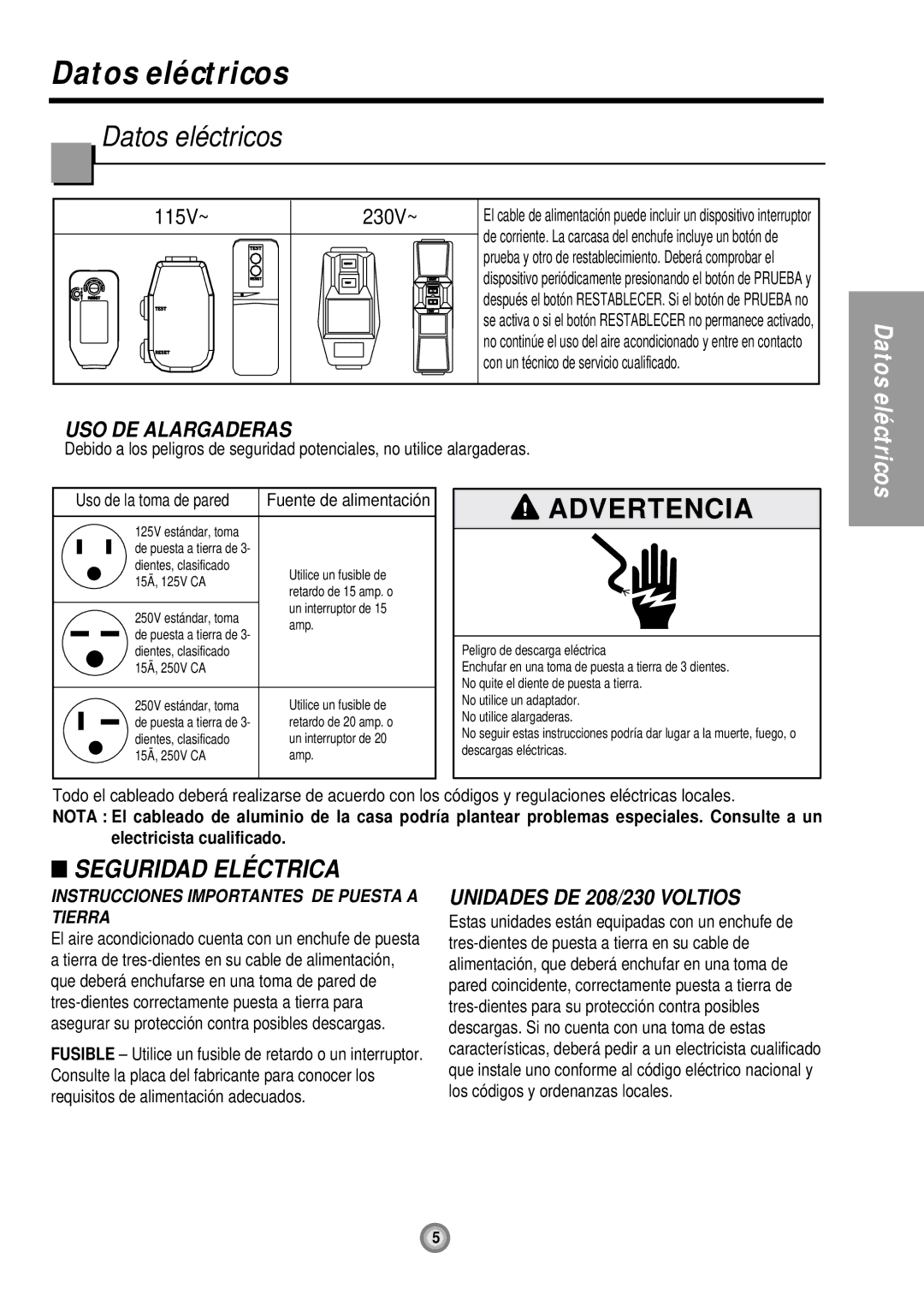 Friedrich UE12, UE10, UE08 manual Datos eléctricos, USO DE Alargaderas, Unidades DE 208/230 Voltios, Uso de la toma de pared 