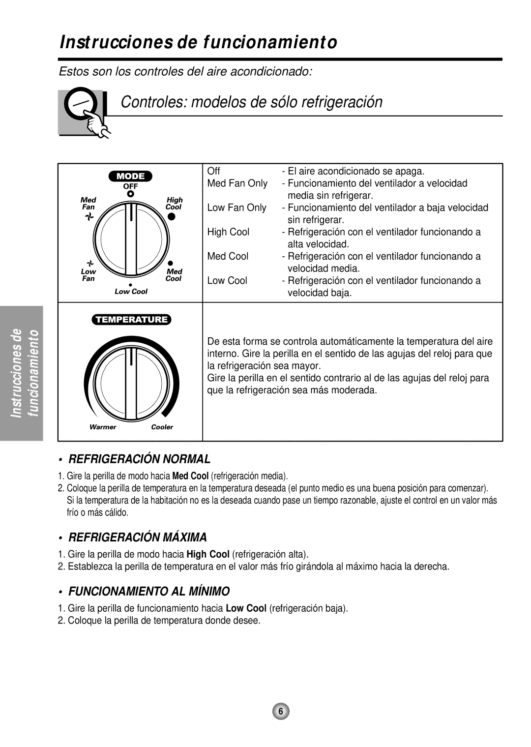 Friedrich UE10, UE12, UE08 Instrucciones de funcionamiento, Controles modelos de sólo refrigeración, Refrigeració N Normal 