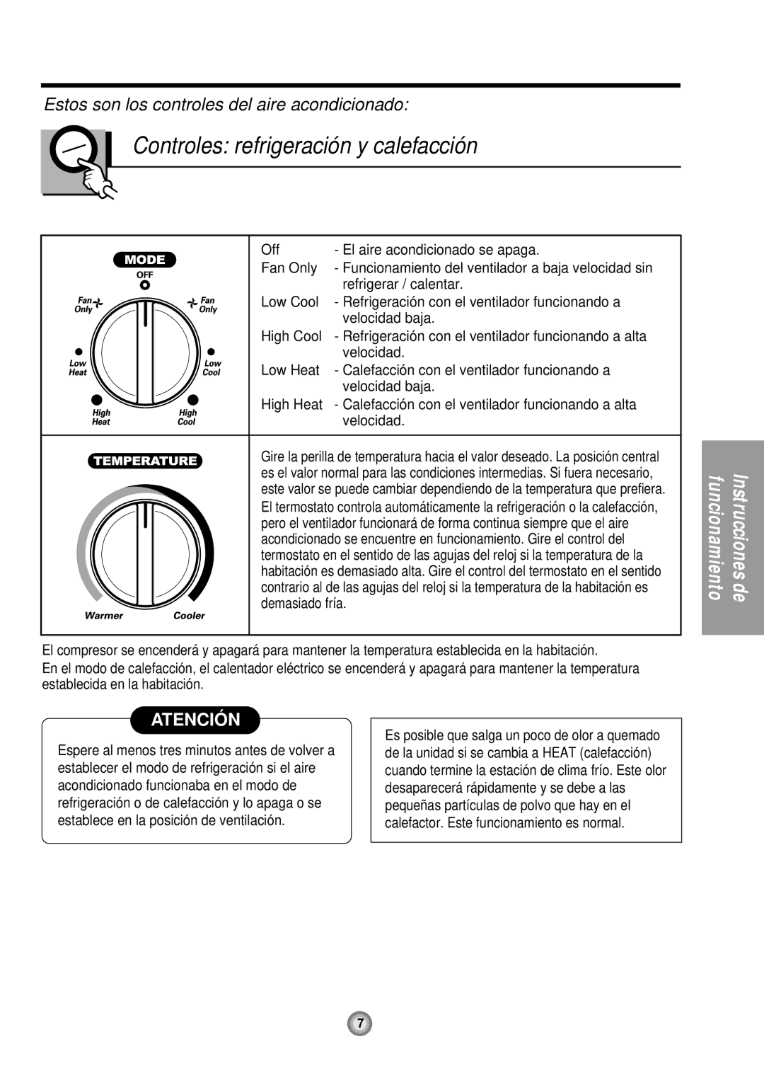 Friedrich UE08 Controles refrigeración y calefacción, Off El aire acondicionado se apaga Fan Only, Refrigerar / calentar 