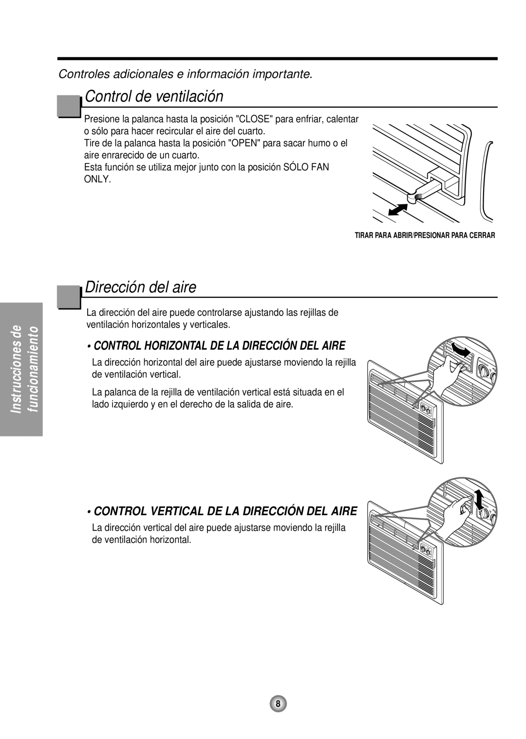 Friedrich UE12, UE10, UE08 manual Control de ventilación, Dirección del aire, Control Horizontal DE LA Direcció N DEL Aire 