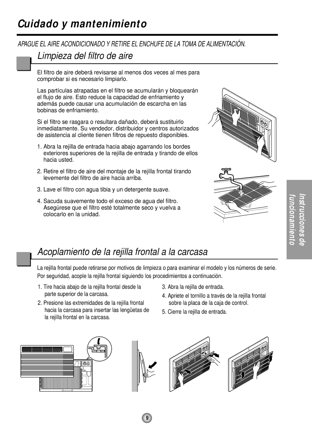 Friedrich UE10, UE12 Cuidado y mantenimiento, Limpieza del filtro de aire, Acoplamiento de la rejilla frontal a la carcasa 