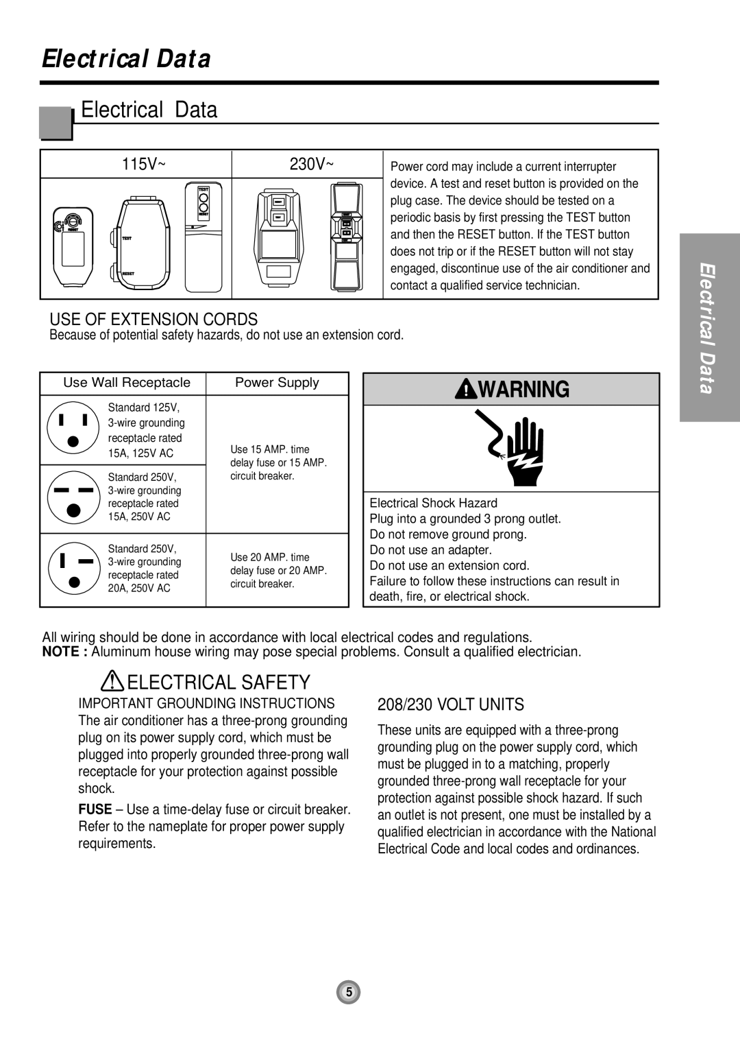 Friedrich UE08, UE12 Electrical Data, USE of Extension Cords, Use Wall Receptacle Power Supply, Electrical Shock Hazard 