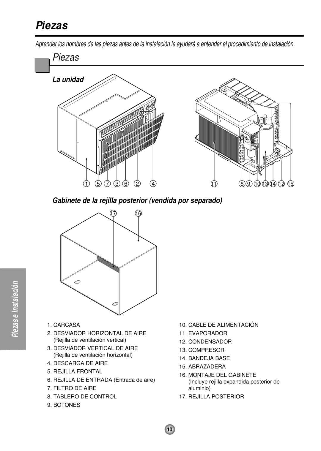 Friedrich UE08, UE12, UE10 manual Piezas, Rejilla DE Entrada Entrada de aire, Incluye rejilla expandida posterior de aluminio 