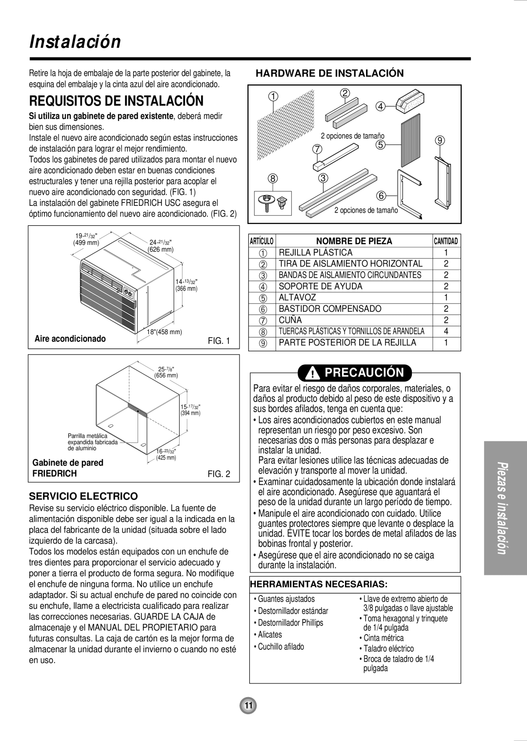 Friedrich UE12, UE10, UE08 manual Instalación, Requisitos DE Instalació N 