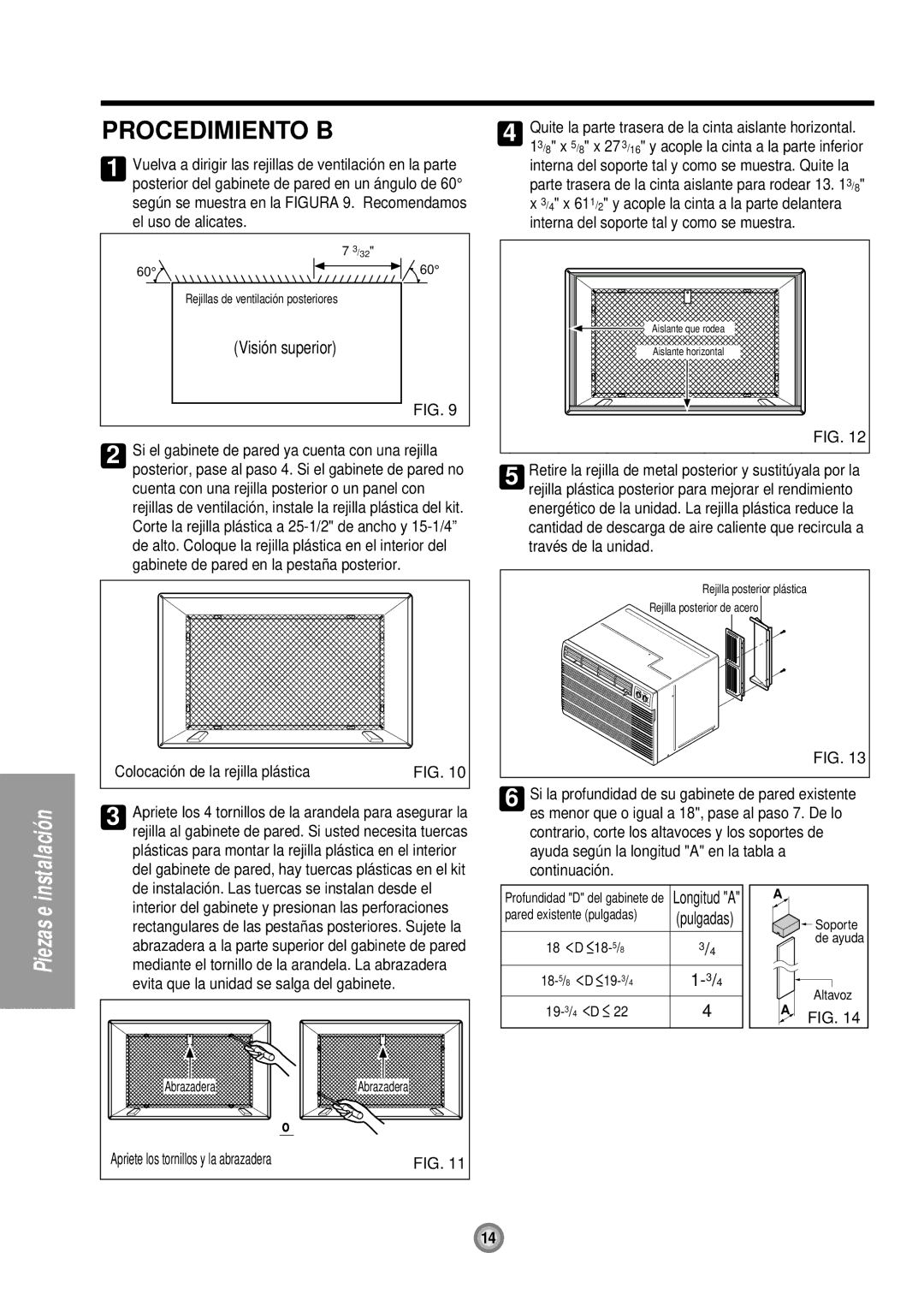 Friedrich UE12, UE10, UE08 manual Procedimiento B, Visión superior, Colocación de la rejilla plásticaFIG 