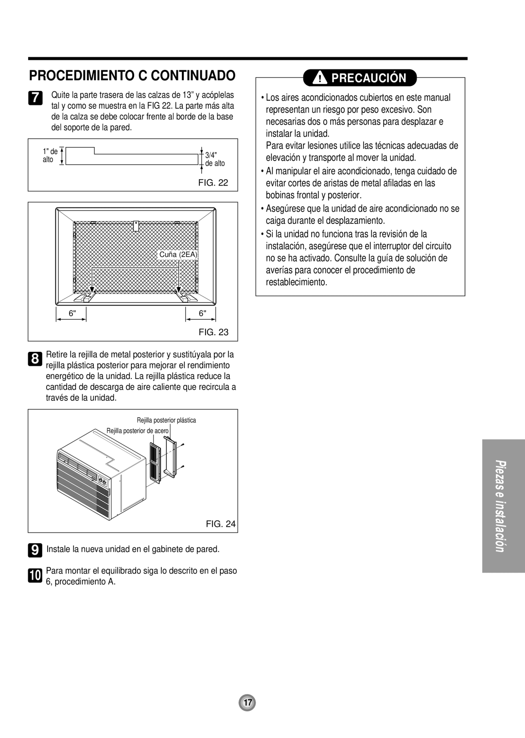 Friedrich UE12, UE10, UE08 manual Procedimiento C Continuado, Del soporte de la pared 