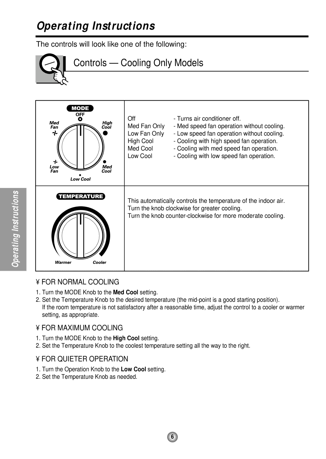 Friedrich UE12, UE10, UE08 Operating Instructions, Controls Cooling Only Models, For Normal Cooling, For Maximum Cooling 