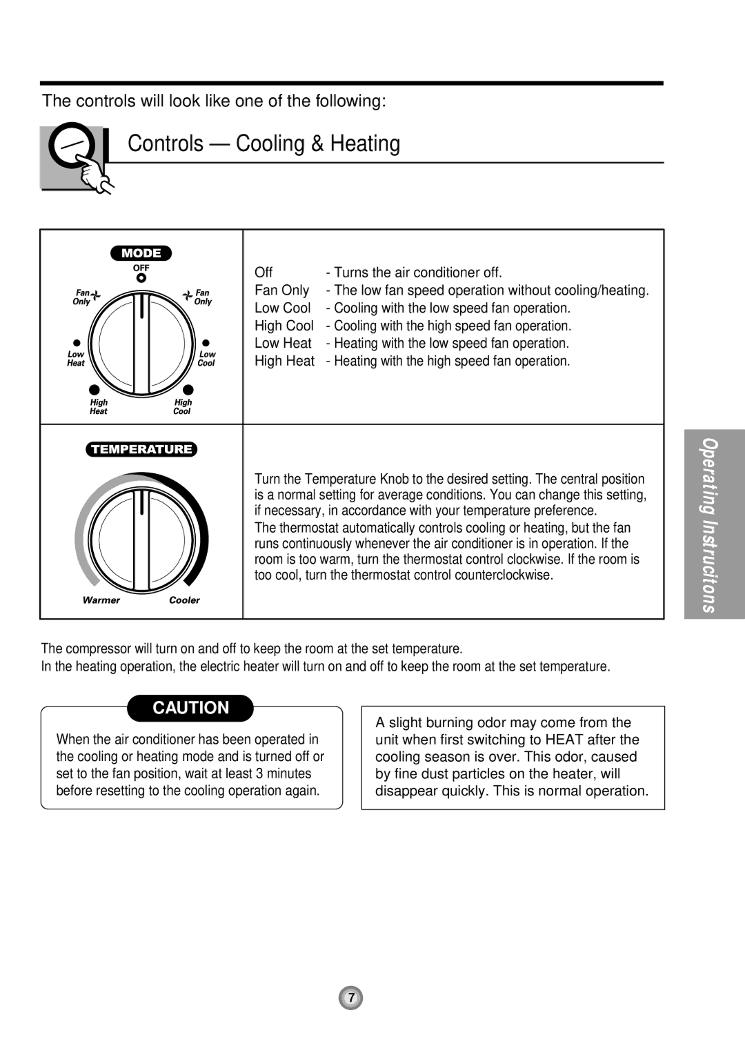 Friedrich UE10, UE12, UE08 manual Controls Cooling & Heating, Off Turns the air conditioner off Fan Only 