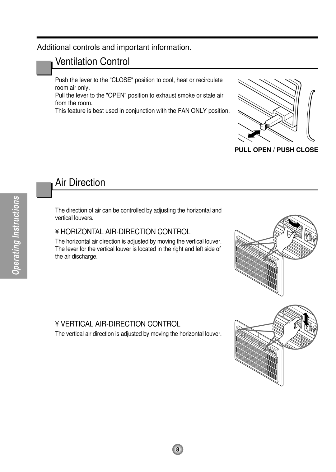 Friedrich UE08, UE12 Ventilation Control, Air Direction, Horizontal AIR-DIRECTION Control, Vertical AIR-DIRECTION Control 