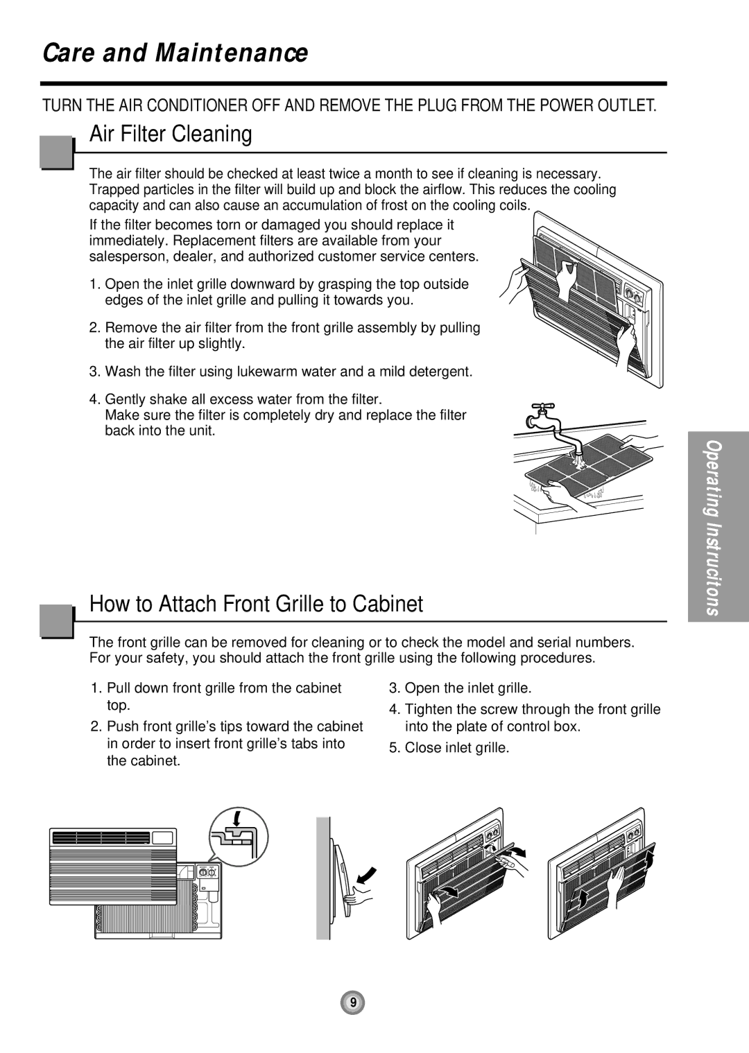 Friedrich UE12, UE10, UE08 manual Care and Maintenance, Air Filter Cleaning, How to Attach Front Grille to Cabinet 