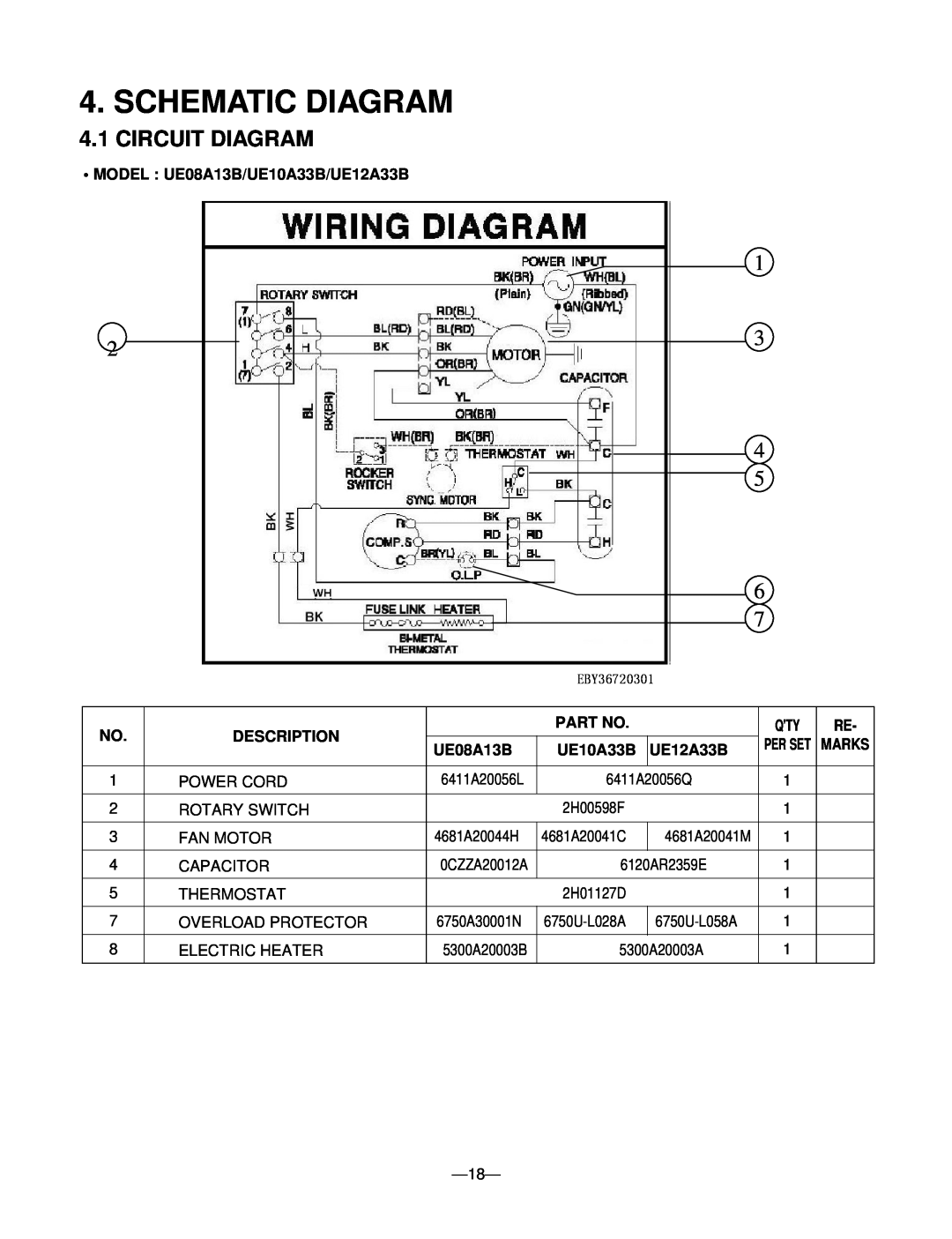 Friedrich Schematic Diagram, Circuit Diagram, 1 3 4 5 6 7, • MODEL : UE08A13B/UE10A33B/UE12A33B, Description, Part No 