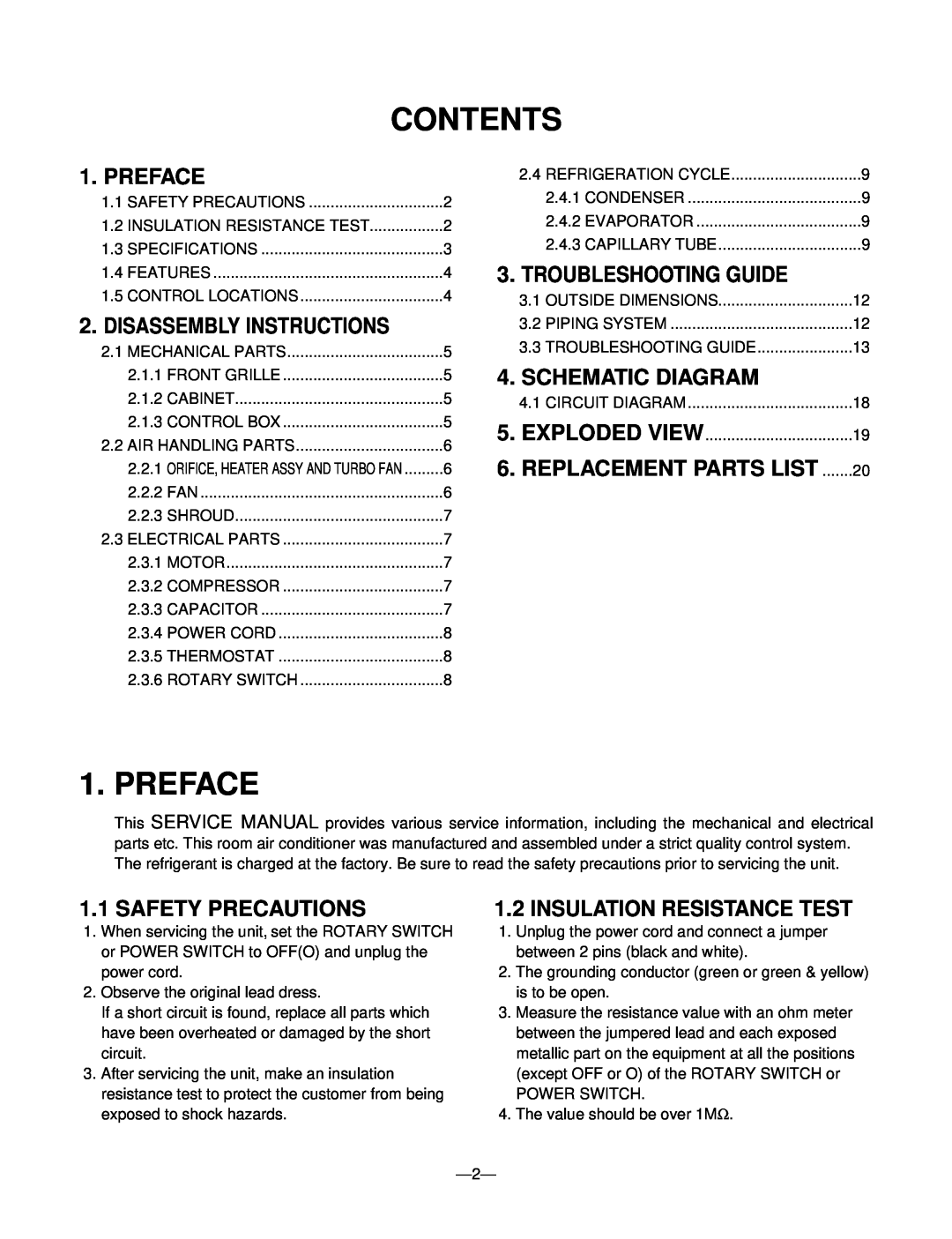 Friedrich UE08 Contents, Preface, Disassembly Instructions, Troubleshooting Guide, Schematic Diagram, Safety Precautions 