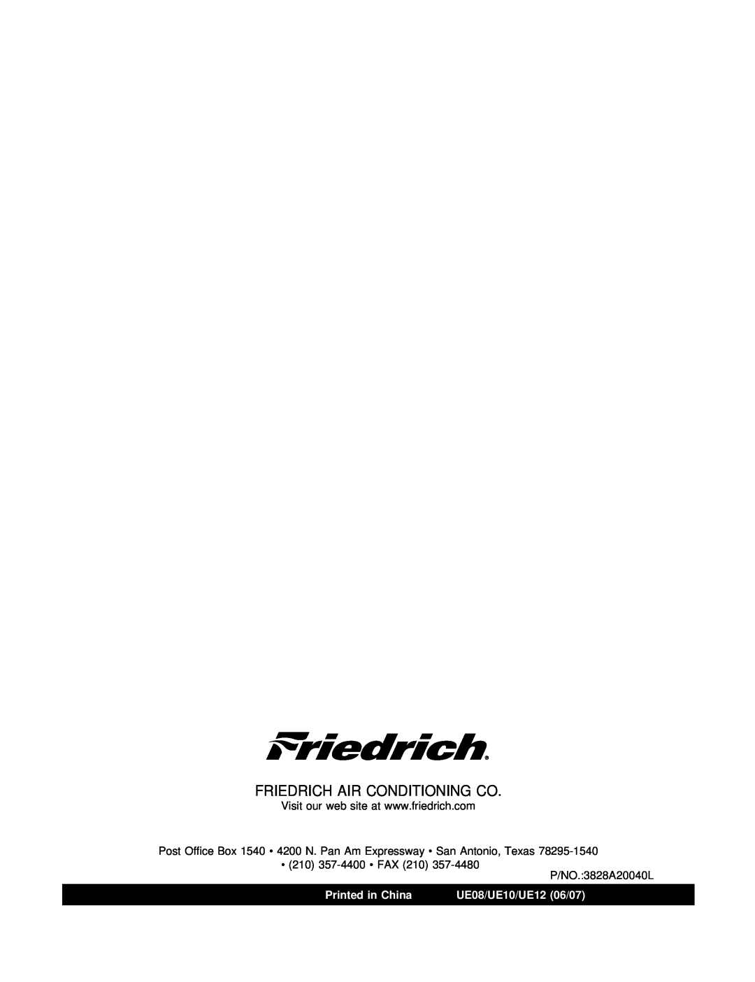 Friedrich manual Friedrich Air Conditioning Co, Printed in China, UE08/UE10/UE12 06/07 