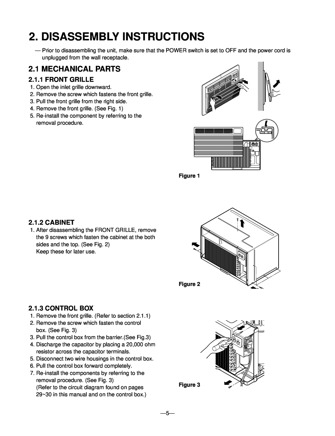 Friedrich UE08, UE12, UE10 manual Disassembly Instructions, Mechanical Parts, Front Grille, Cabinet, Control Box, Figure 
