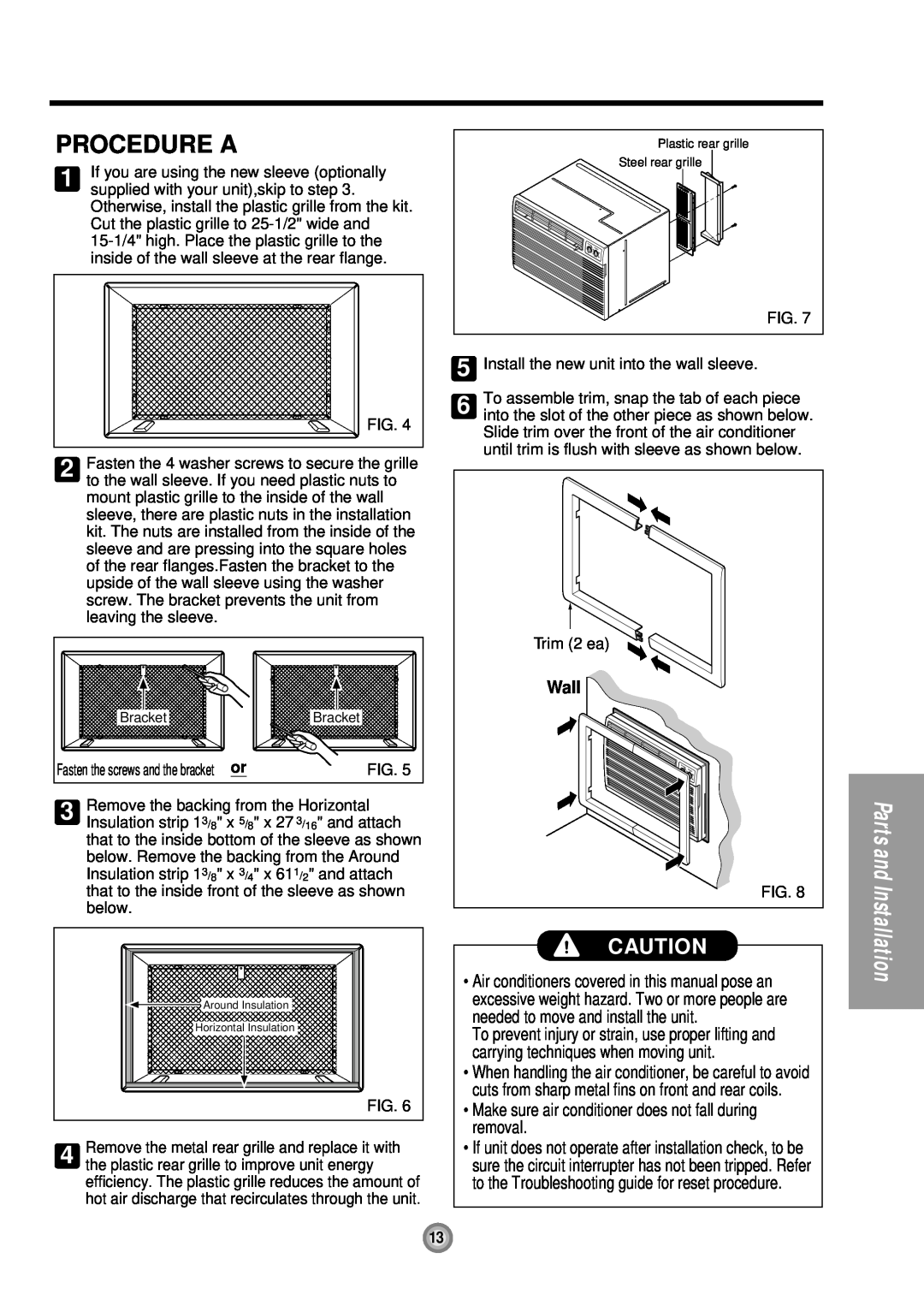 Friedrich UE10, UE12, UE08 manual Procedure A, Wall, Parts and, Installation 