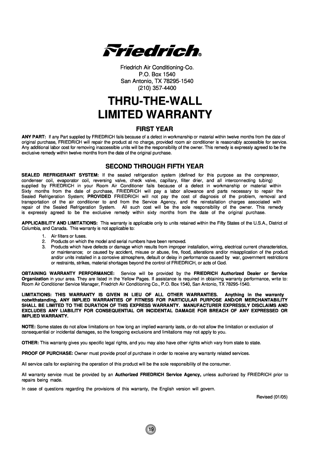 Friedrich UE10, UE12, UE08 manual First Year, Second Through Fifth Year, Thru-The-Wall Limited Warranty 