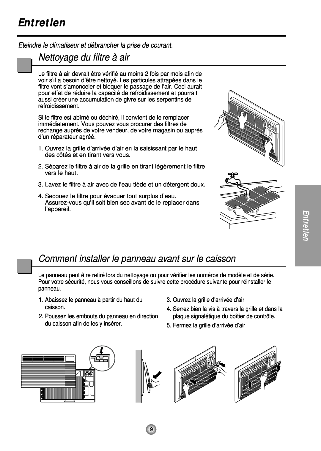 Friedrich UE08, UE12, UE10 manual Entretien, Nettoyage du filtre à air, Comment installer le panneau avant sur le caisson 