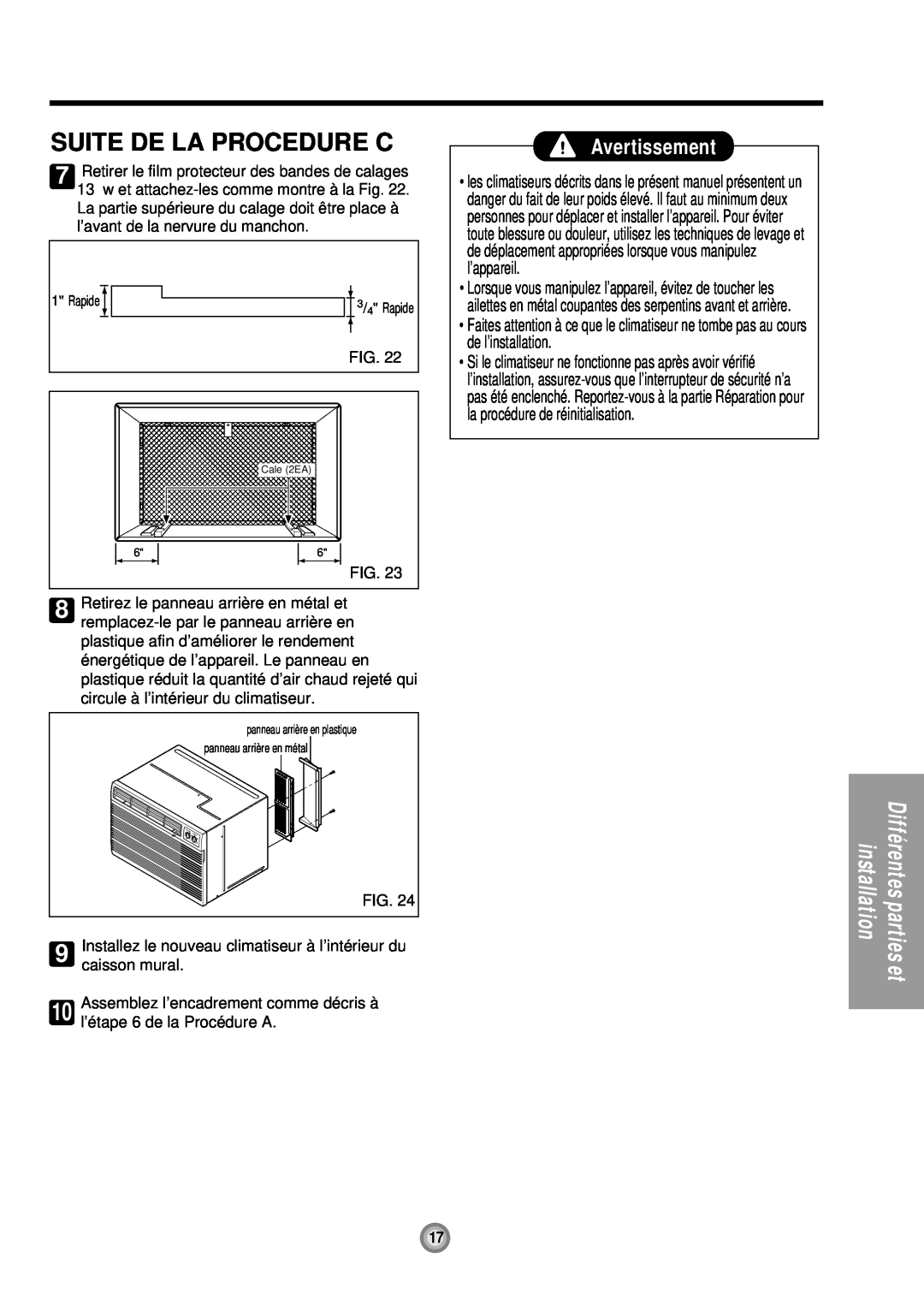 Friedrich UE10, UE12, UE08 manual Suite De La Procedure C, Avertissement, installation, Différentes parties 