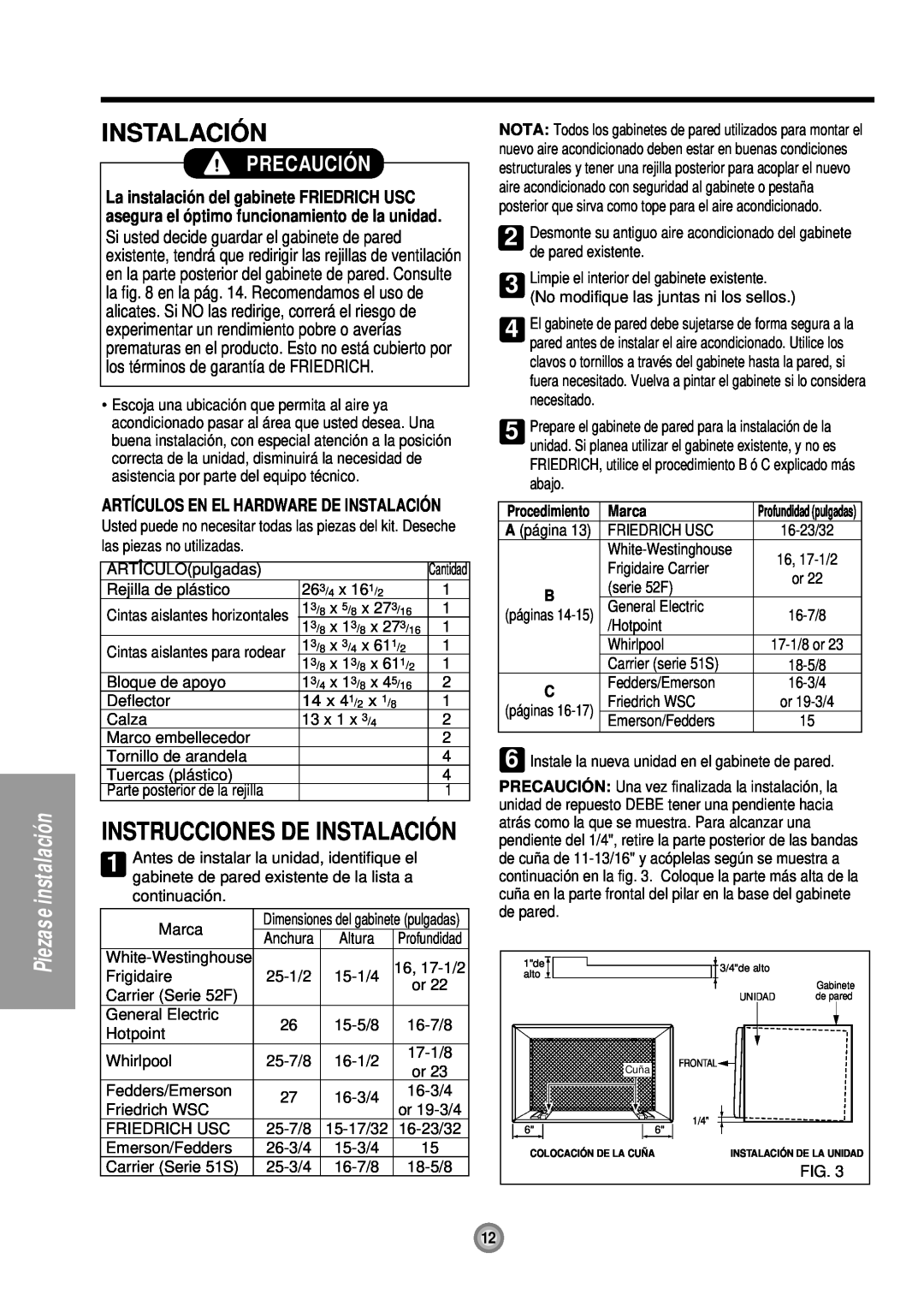Friedrich UE10, UE12, UE08 manual Instrucciones De Instalació N, Precaució N, Piezas e instalación, Marca 