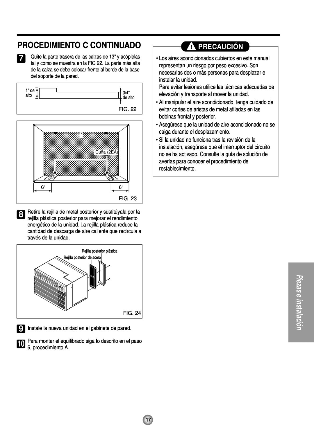 Friedrich UE12, UE10, UE08 manual Procedimiento C Continuado, Precaució N, Cuña 2EA 