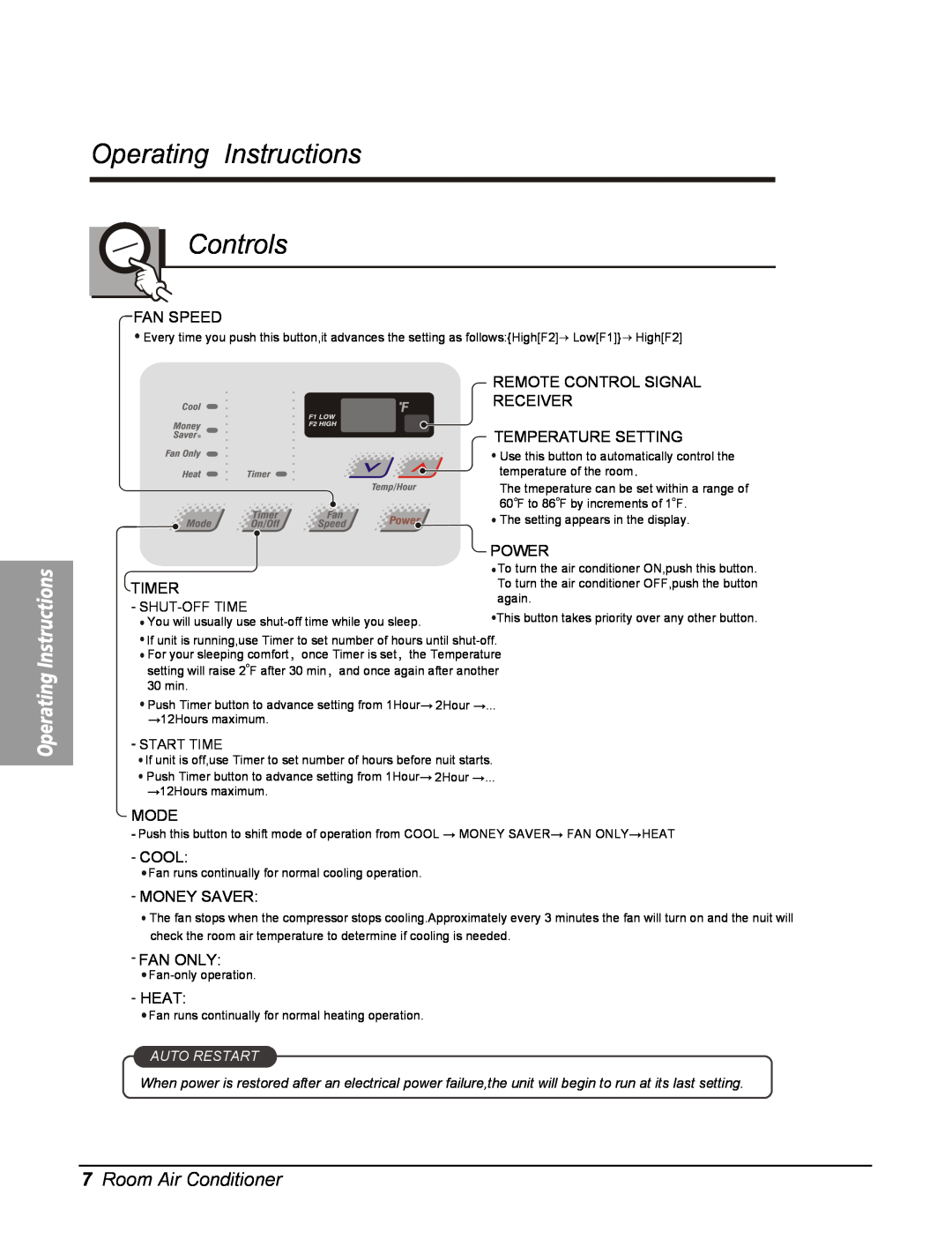 Friedrich UE10C33, UE12C33, UE08C13 manual 7Room Air Conditioner, Operating Instructions Controls 