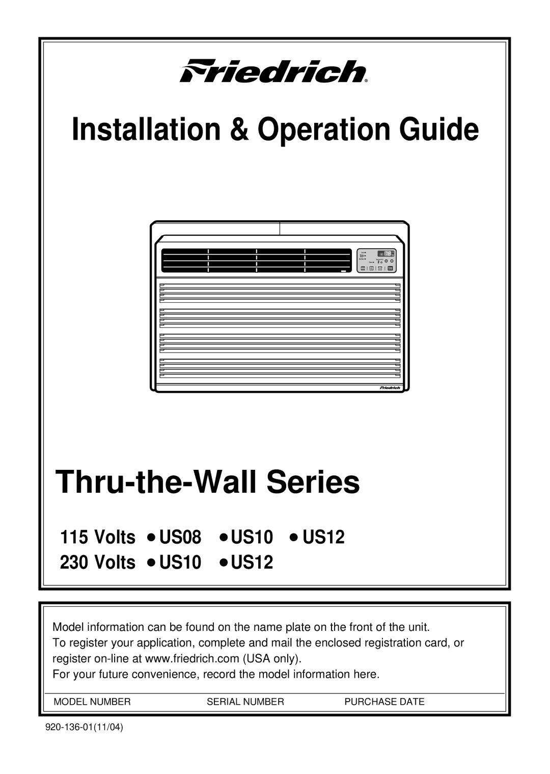 Friedrich US08, US10, US12 manual Installation & Operation Guide Thru-the-Wall Series 