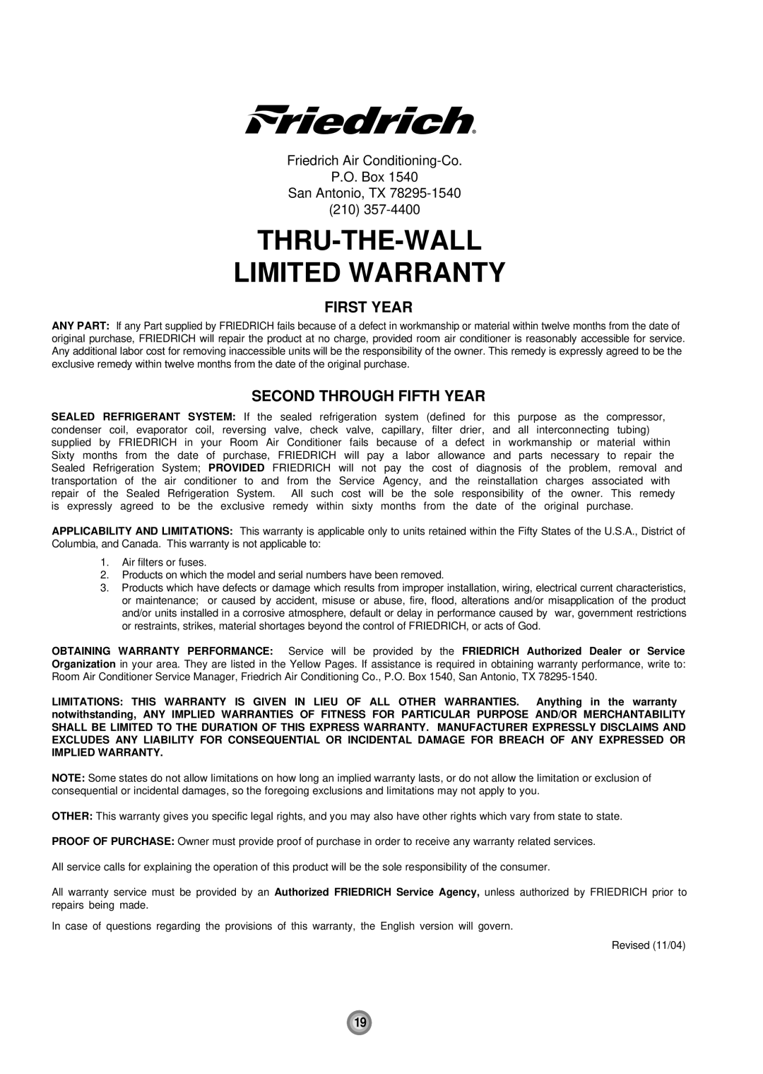 Friedrich US08, US10, US12 manual THRU-THE-WALL Limited Warranty, Friedrich Air Conditioning-Co Box San Antonio, TX 210 