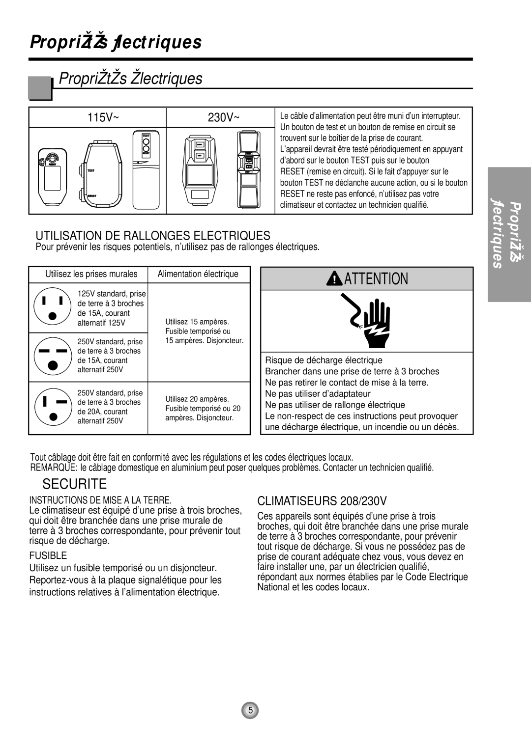 Friedrich US08, US10, US12 manual Propriétés Électriques, Propriétés électriques 