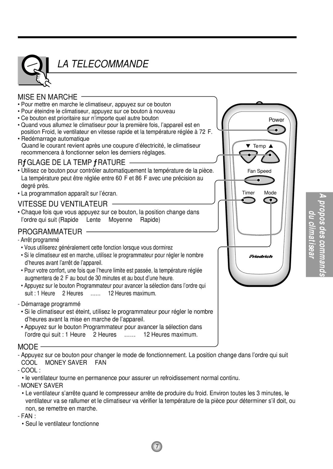 Friedrich US08, US10, US12 manual LA Telecommande 