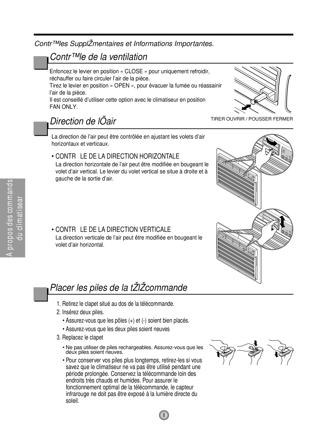 Friedrich US08, US10, US12 manual Contrôle de la ventilation, Placer les piles de la télécommande 