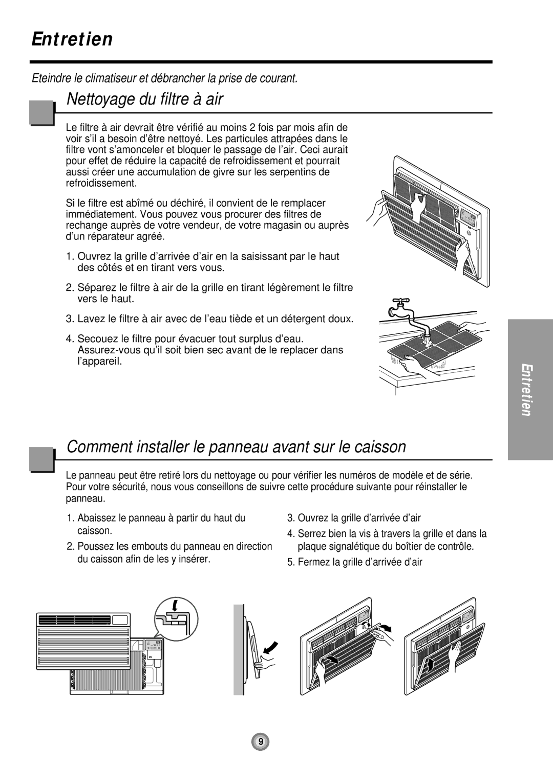 Friedrich US12, US10 manual Entretien, Nettoyage du filtre à air, Comment installer le panneau avant sur le caisson, Caisson 