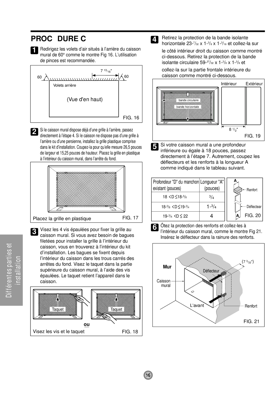 Friedrich US08, US10, US12 manual Procé Dure C, Vue den haut, Existant pouces, Retirez la protection de la bande isolante 