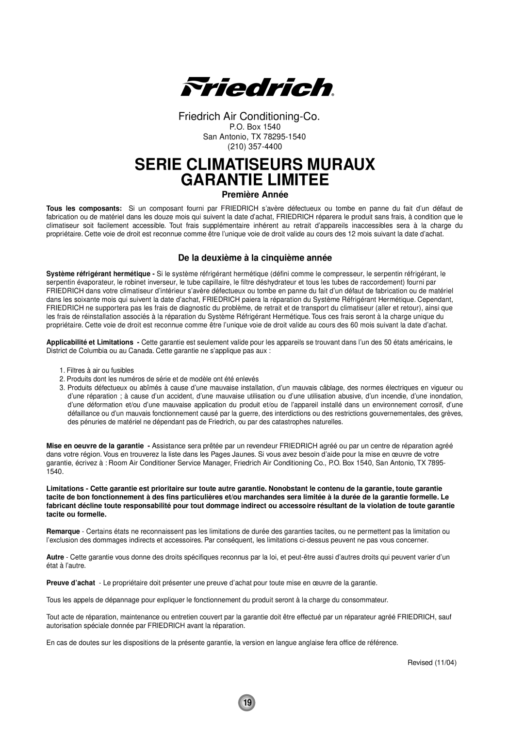 Friedrich US08, US10, US12 manual Premiè re Anné e, De la deuxiè me à la cinquiè me anné e 