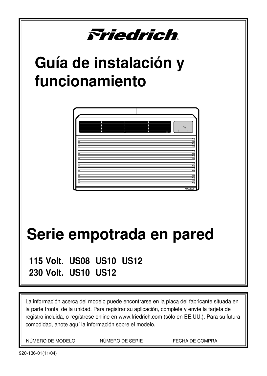 Friedrich US08, US10, US12 manual Volt. US08 US10 US12 Volt. US10 US12 