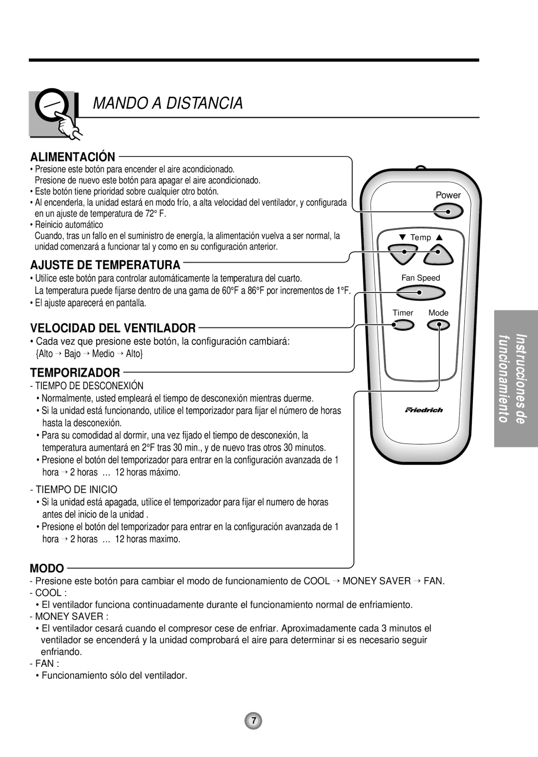 Friedrich US08, US10, US12 manual Mando a Distancia 