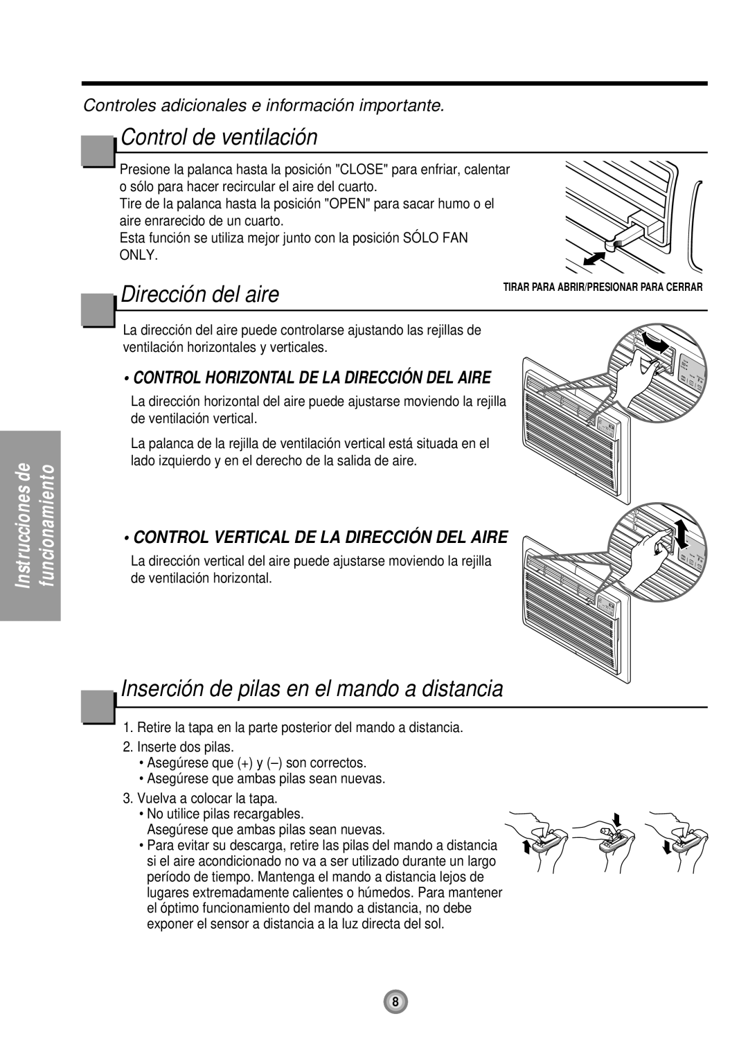 Friedrich US08, US10, US12 manual Control de ventilación, Inserción de pilas en el mando a distancia 