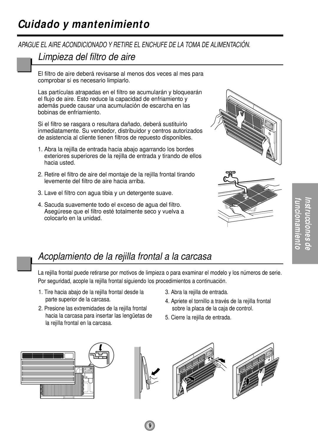 Friedrich US10, US12 Cuidado y mantenimiento, Limpieza del filtro de aire, Acoplamiento de la rejilla frontal a la carcasa 