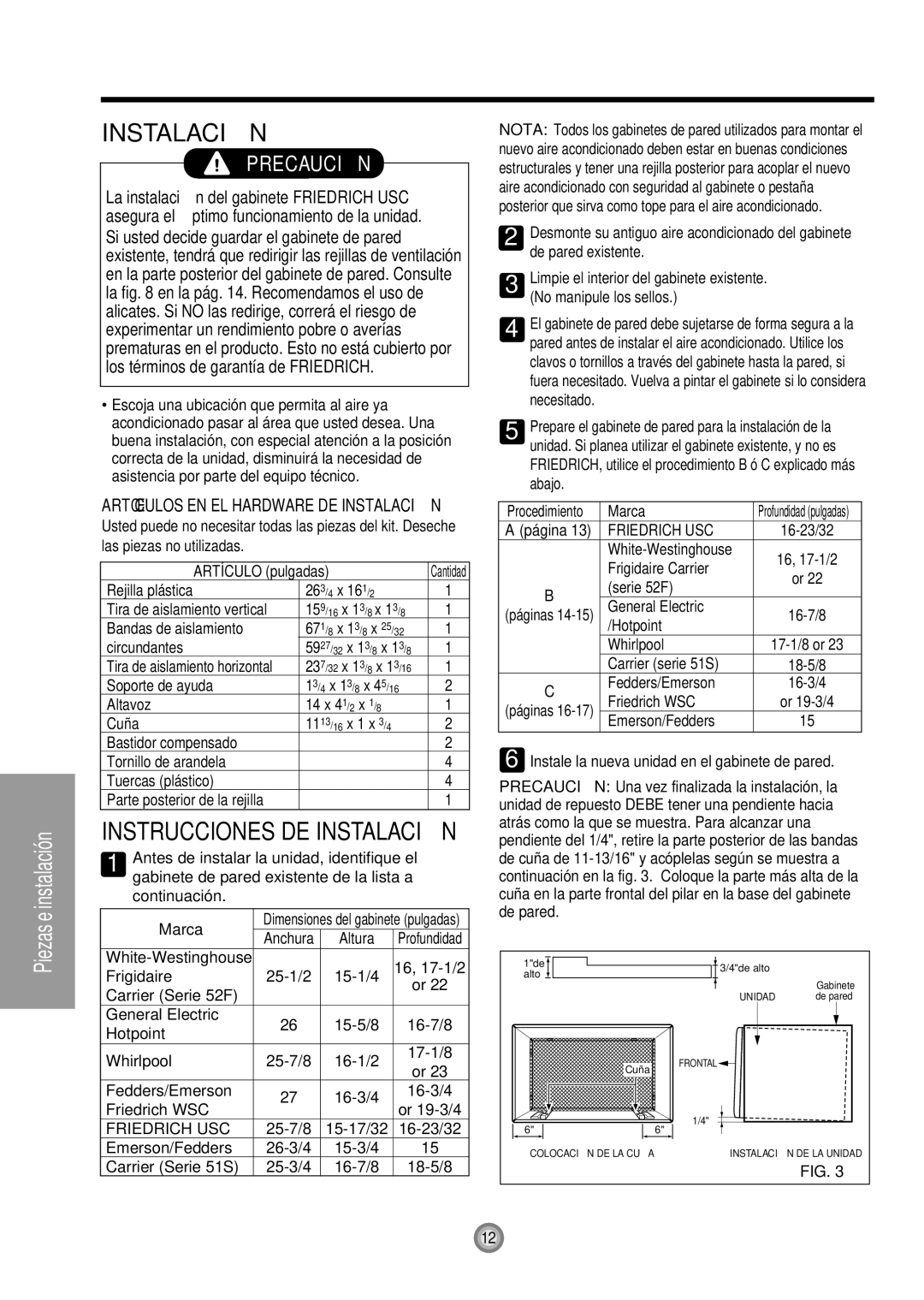 Friedrich US08, US10, US12 manual Instalació N, Marca 