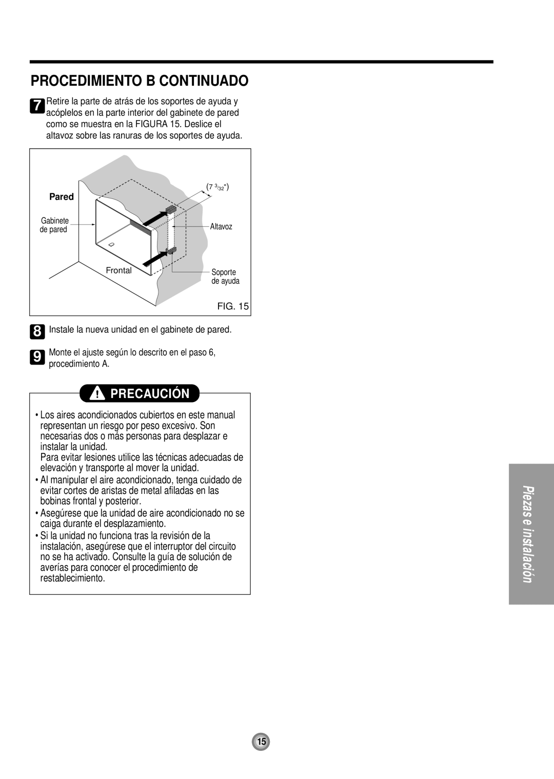 Friedrich US10, US12 manual Procedimiento B Continuado, Pared, Monte el ajuste según lo descrito en el paso, Procedimiento a 