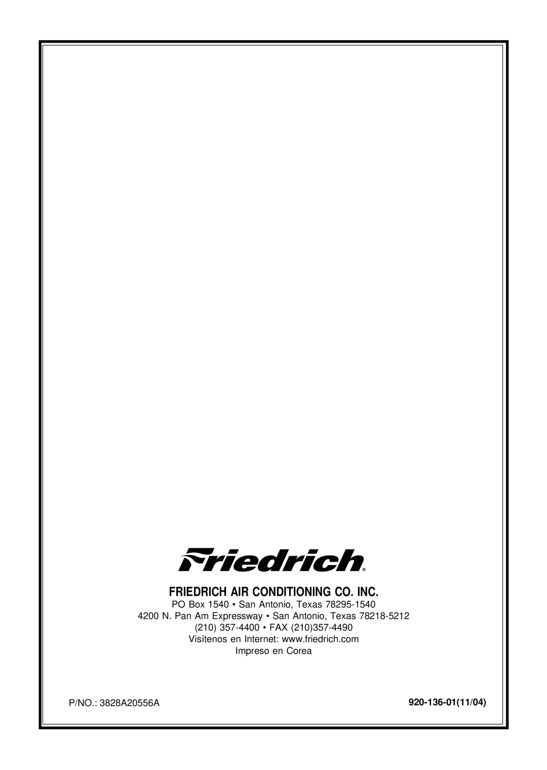 Friedrich US08, US10, US12 manual Friedrich AIR Conditioning CO. INC 