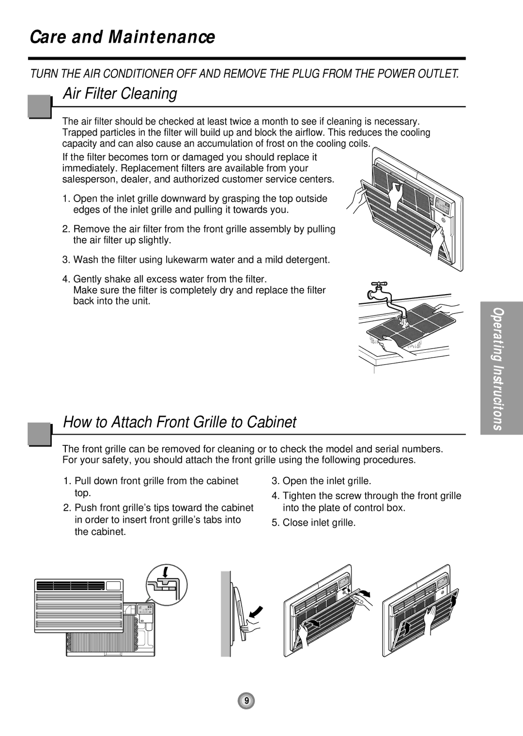 Friedrich US08, US10, US12 manual Care and Maintenance, Air Filter Cleaning, How to Attach Front Grille to Cabinet 