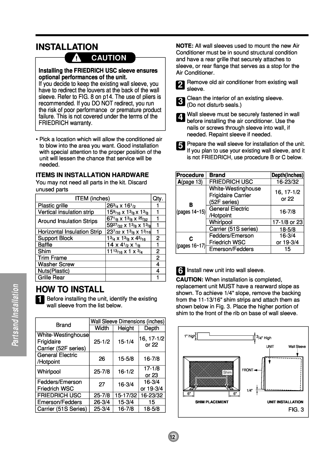Friedrich US08, US10, US12 manual How To Install, Parts and Installation, Procedure, Brand 