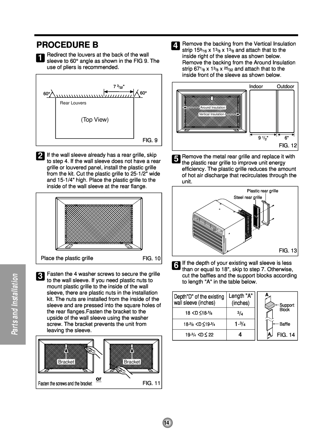 Friedrich US08, US10, US12 manual Procedure B, Top View, wall sleeve inches, 1-3/4, Installation, Parts and 