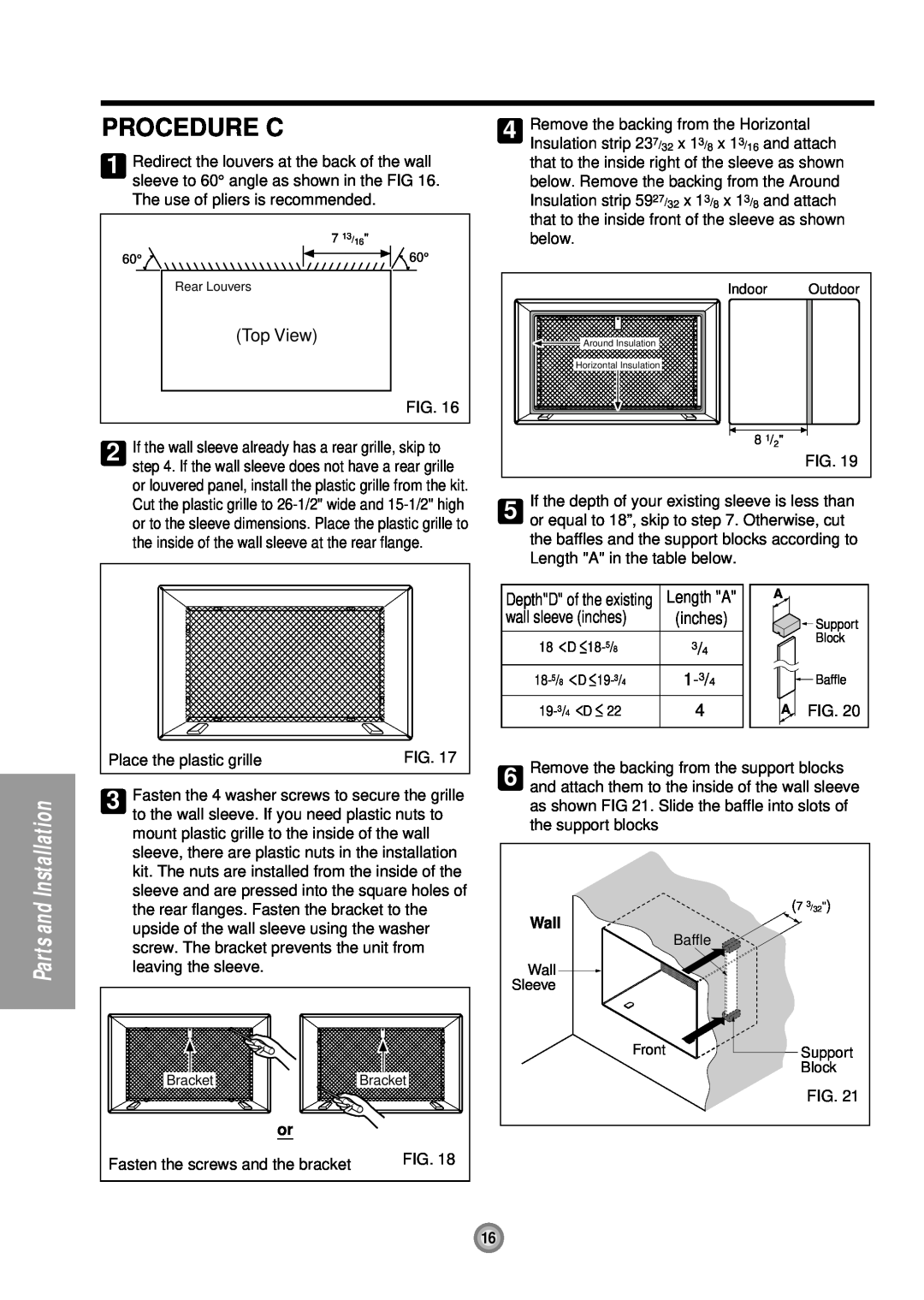 Friedrich US08, US10, US12 manual Procedure C, Parts and Installation, Wall 