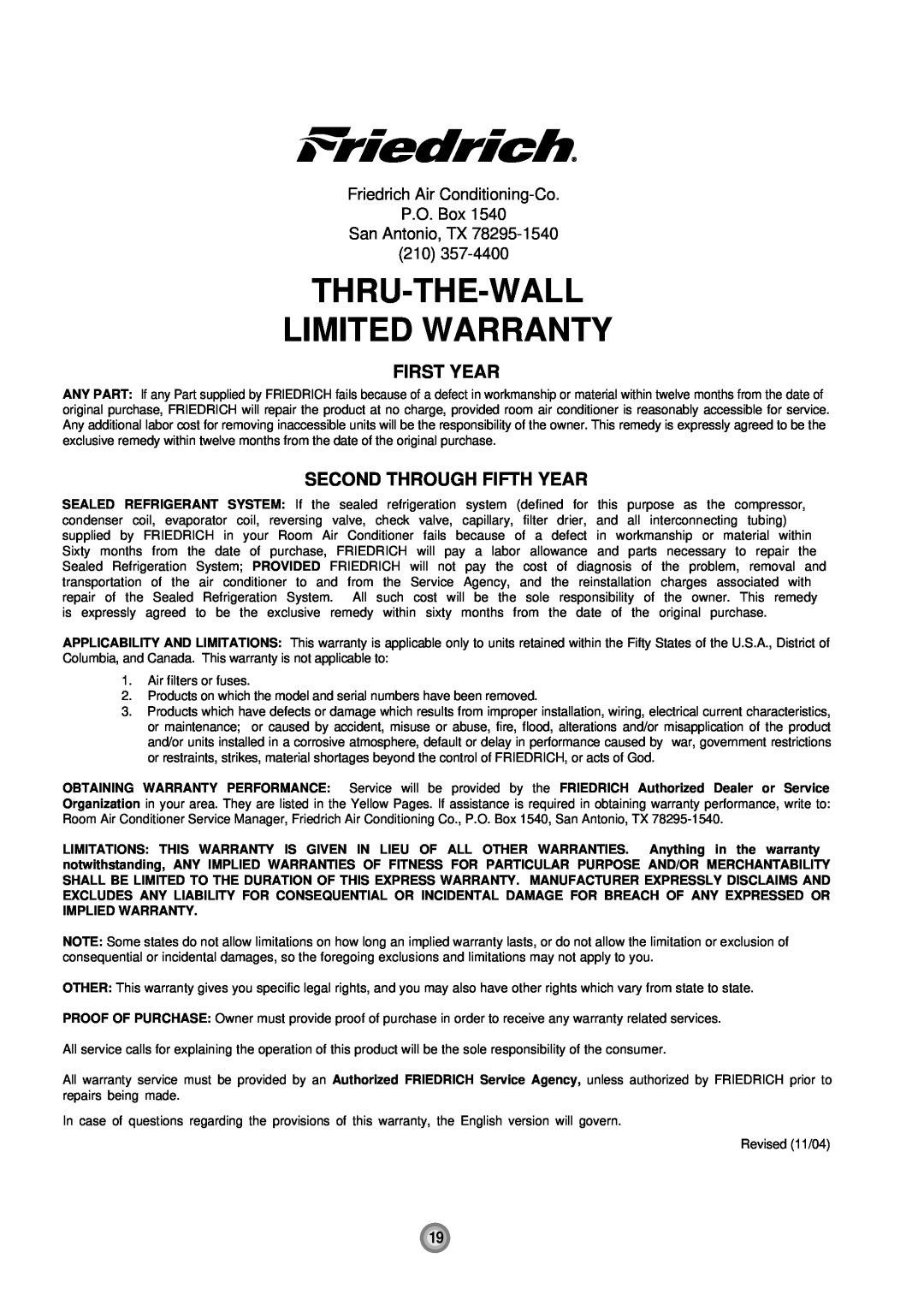 Friedrich US08, US10, US12 manual Thru-The-Wall Limited Warranty, First Year, Second Through Fifth Year 