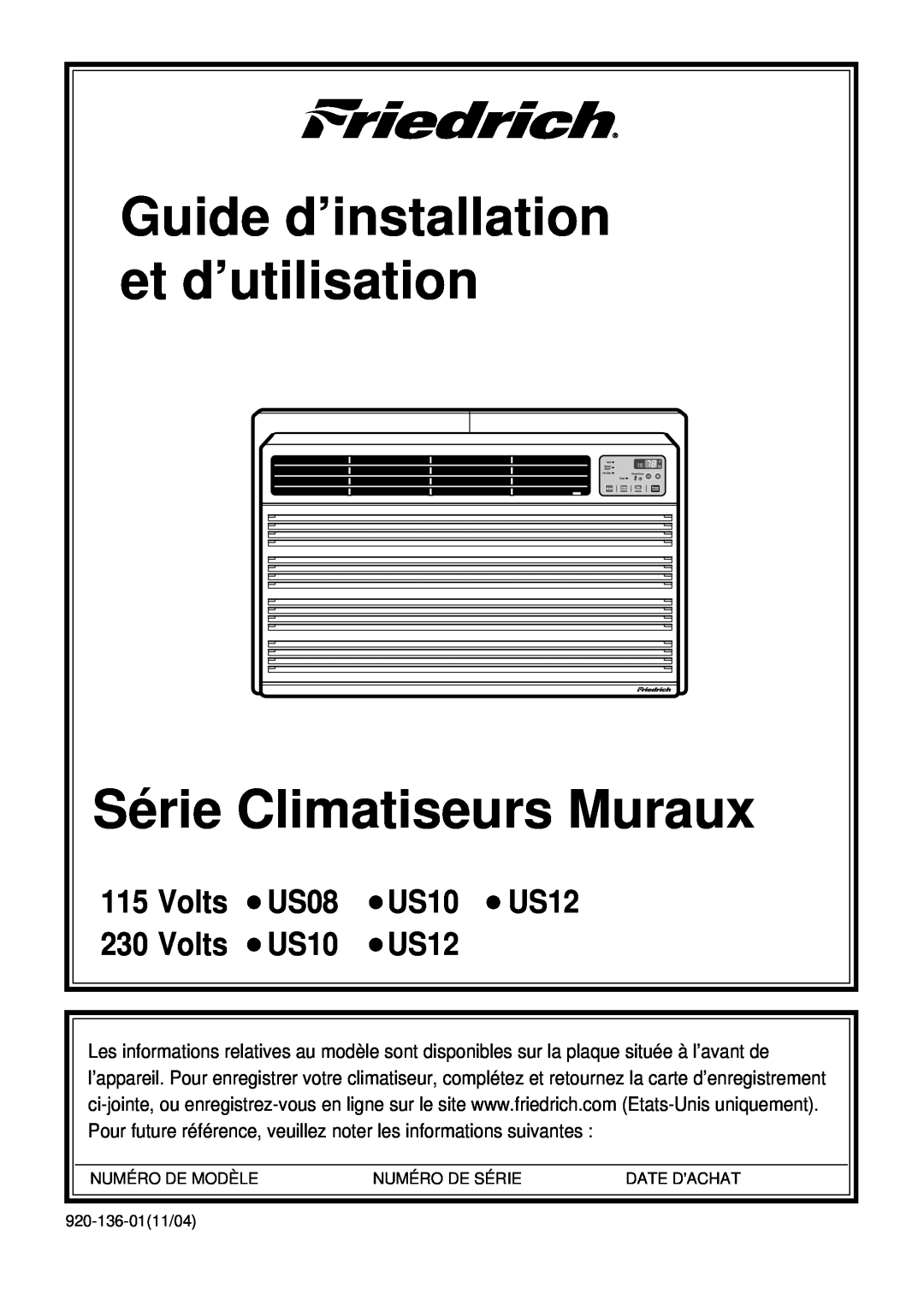 Friedrich US08, US10, US12 manual Guide d’installation et d’utilisation, Série Climatiseurs Muraux, Volts 